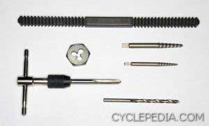 thread file, tap and die set, easy-out extractors, drill bits.