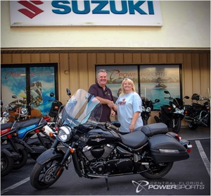 Connie Ann McKeever picks up her Suzuki Boulevard C90T B.O.S.S. from Brian Fitzpatrick of Central Florida Powersports