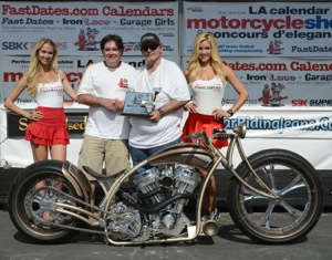 2013 LA Calendar Motorcycle Best of Show winner Sam Bladi / Jimmy Todorvitvh, Profile Cycles presented here by FastDates.com Calendar Kittens Sara and Jessica, and Show producer Jim Gianatsis.